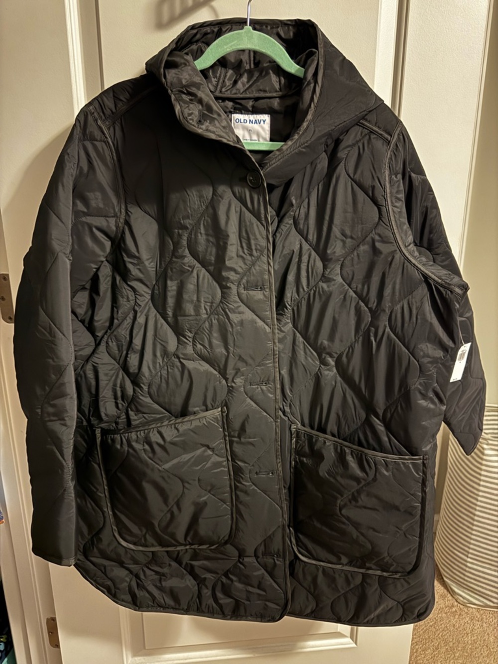 Old Navy Black Quilted Hooded Jacket with Button Front